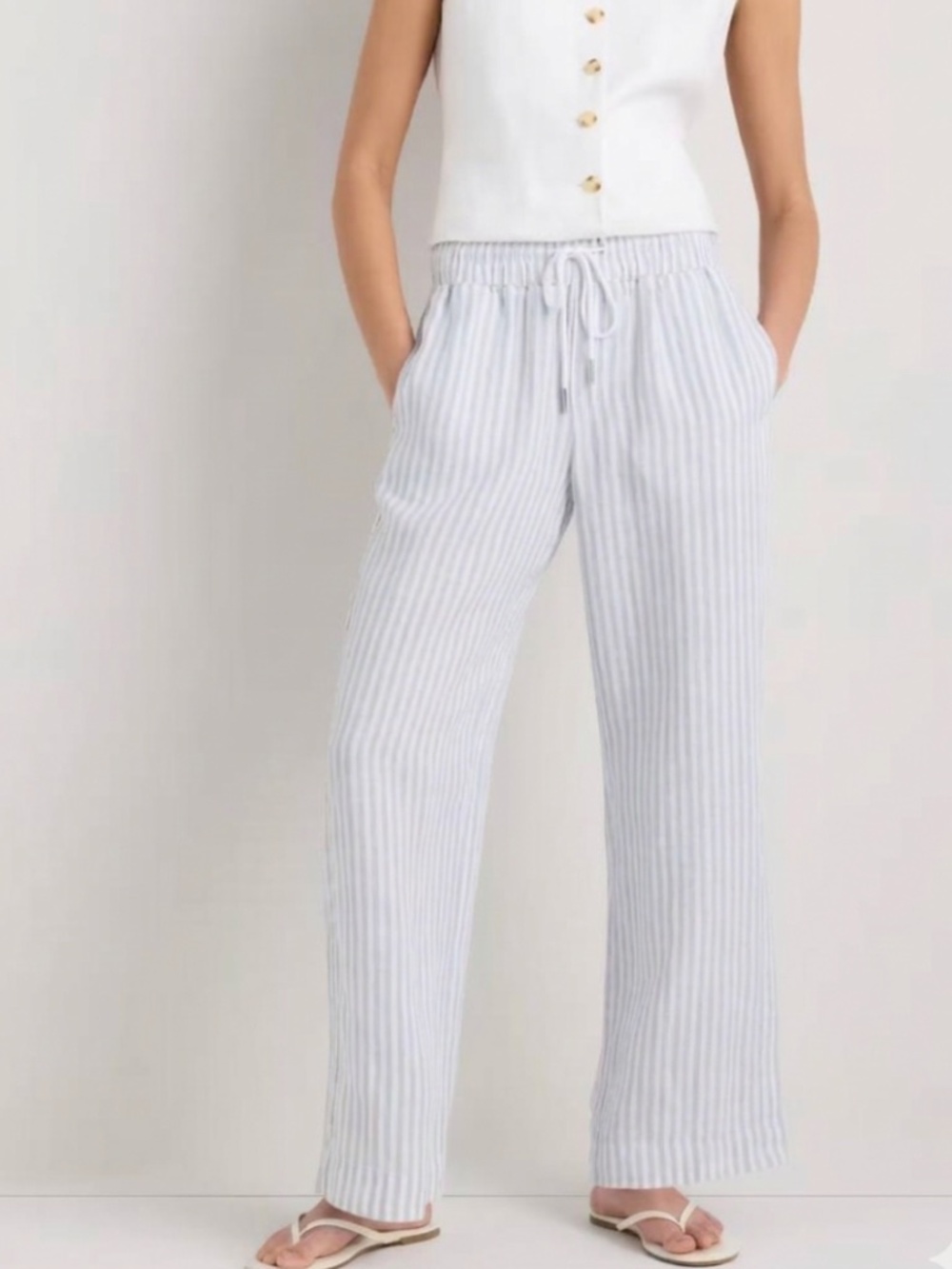 Quince 100% Linen Wide Leg Stripped Coastal Pants Sky Blue Mariner Size Large
